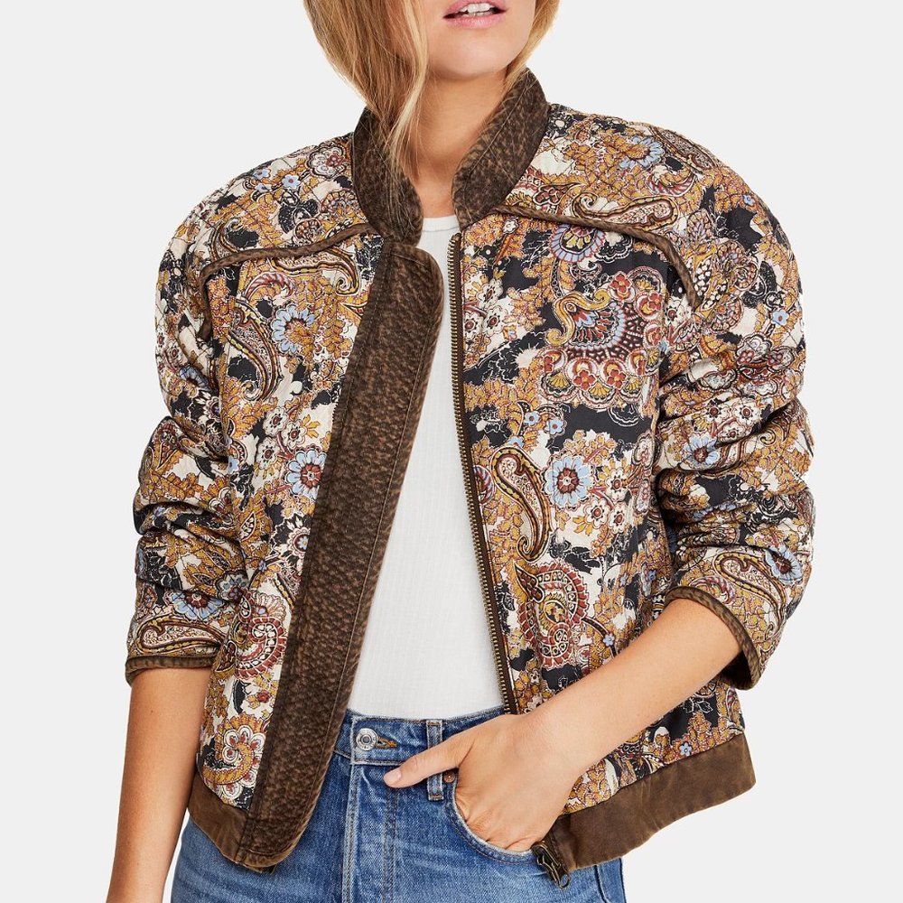 Free People Great Escape Cotton Printed Quilted Jacket in Brown